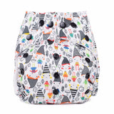 White reusable nappy with elf print in multiple colours  