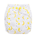 White reusable nappy with yellow crescent moons and black stars
