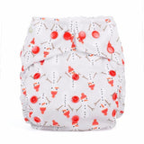 White birth-to-potty nappy with snowman repeating print in red, orange and black