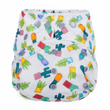 White birth-to-potty nappy with brightly coloured cactus and succulents in pots