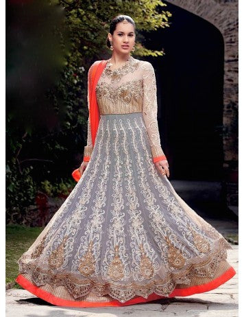 Orange and Grey Embroidered Anarkali